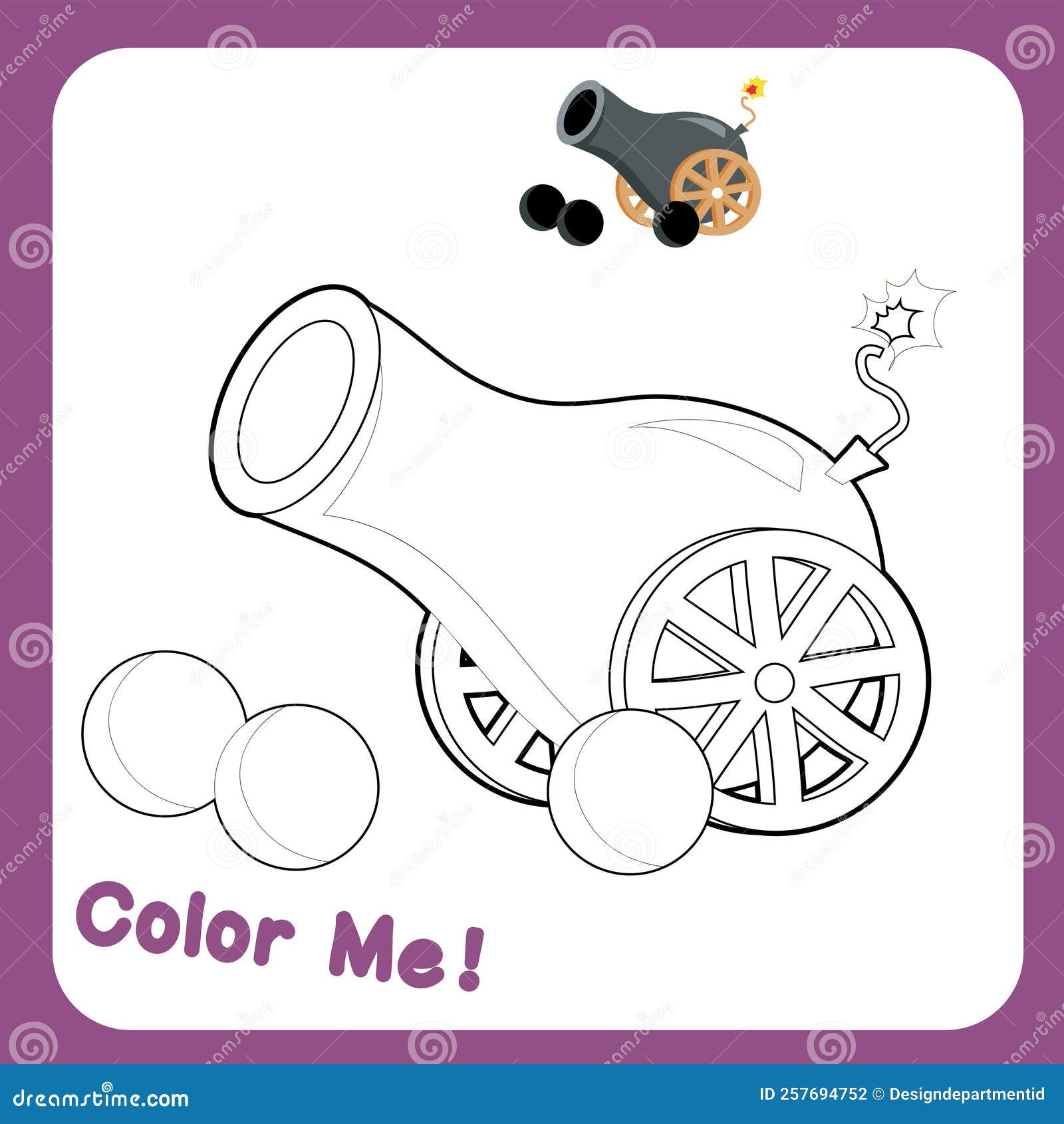 Printable coloring page for toddlers pirate cannon stock vector