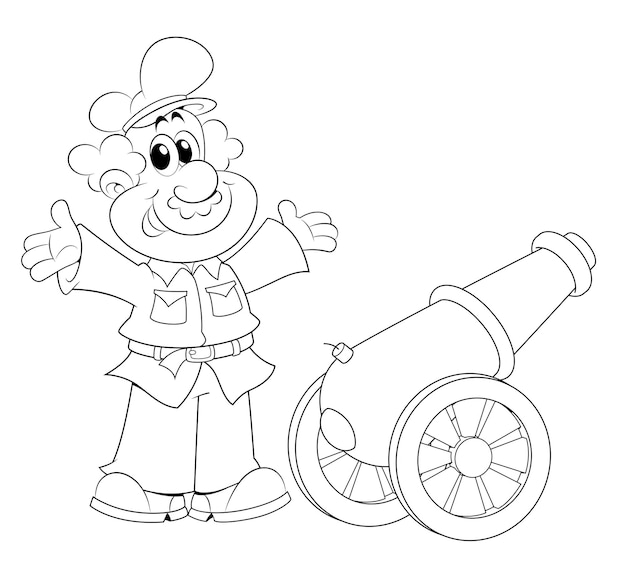 Premium vector policeman beside ramadan cannon coloring page