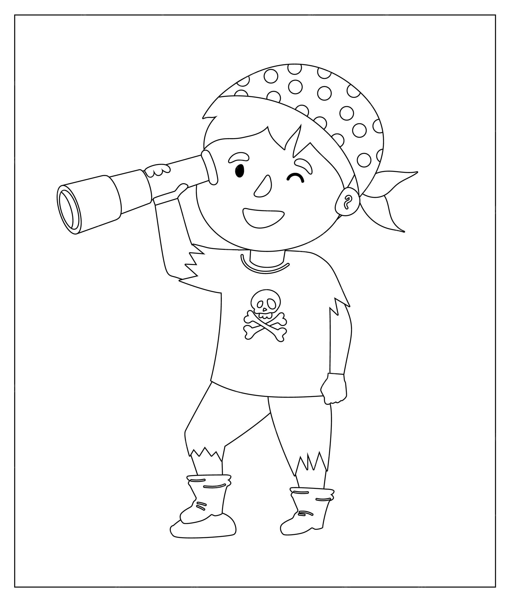 Premium vector coloring page outline of cartoon pirate with spyglass coloring book for kids vector image for pirate party for children