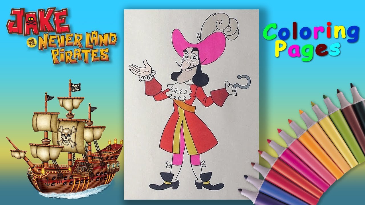 How to coloring captain hook jake and the never land pirates coloring pages for kids