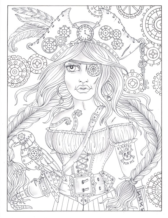 Steampunk pirate girl coloring page instant download adult coloring page colouring color digital digi