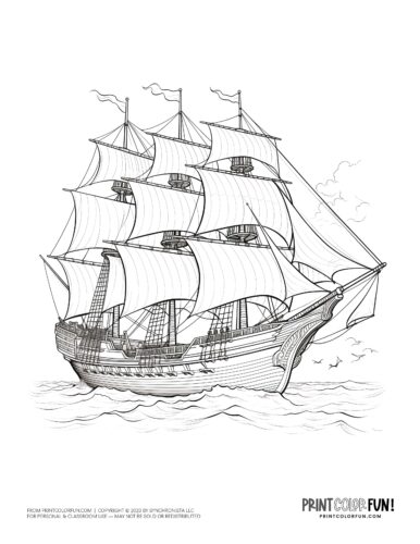 Old sailing ship coloring pages including clipper ships pirate ships at