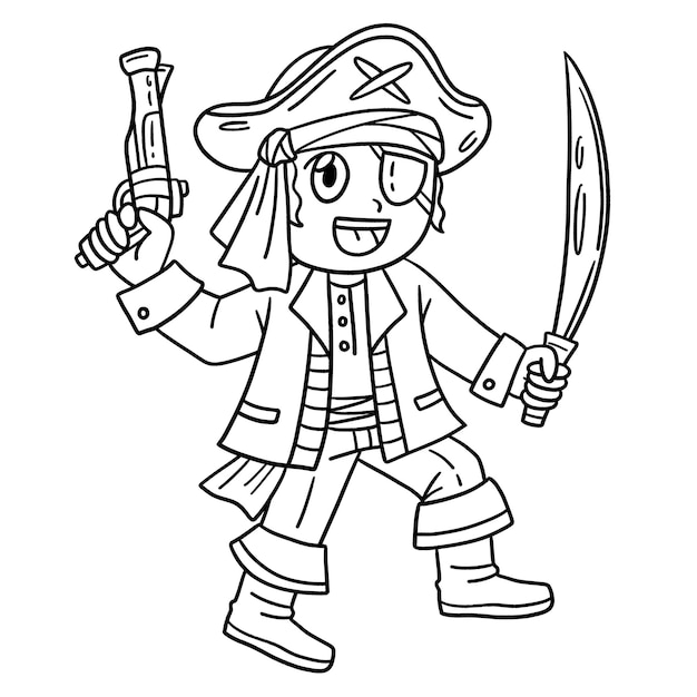 Premium vector a cute and funny coloring page of a pirate with a gun and cutlass provides hours of coloring fun for children color this page is very easy suitable for