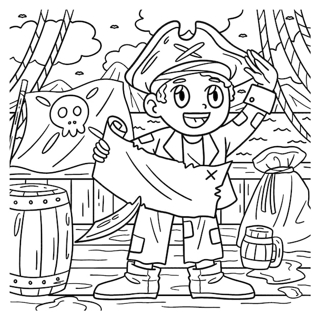 Premium vector a cute and funny coloring page of a pirate with a treasure map provides hours of coloring fun for children color this page is very easy suitable for little