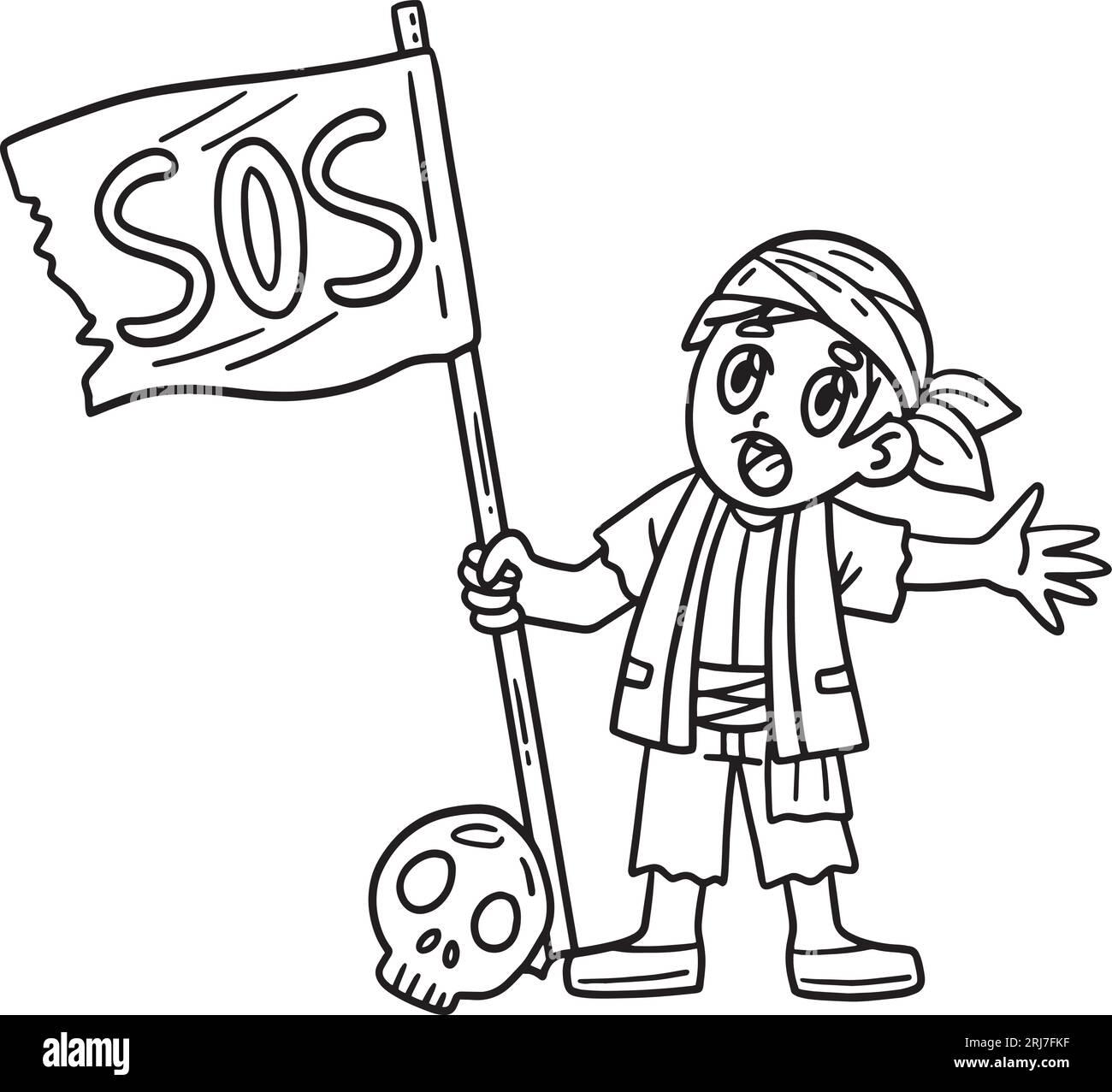 Pirate with sos flag isolated coloring page stock vector image art