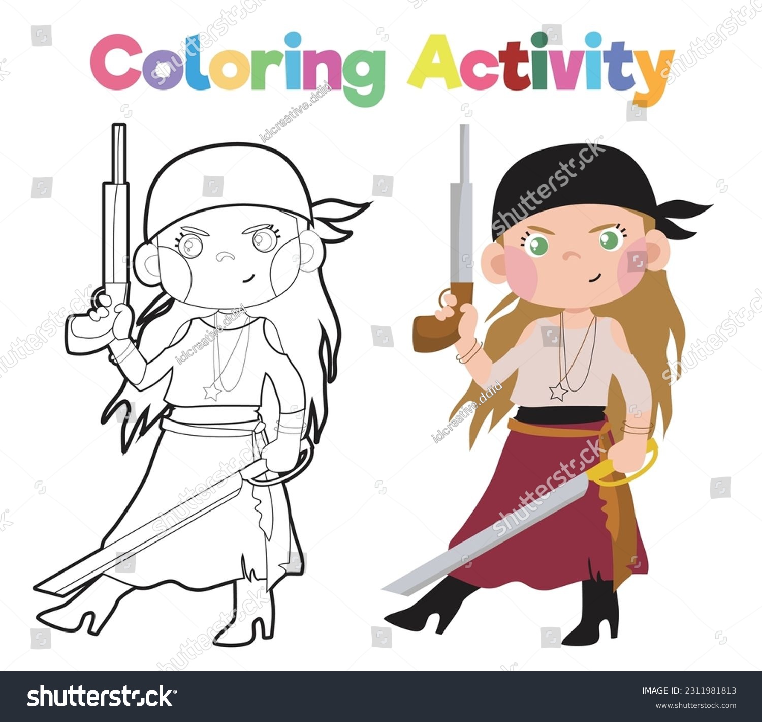 Coloring book children beautiful pirate lady stock vector royalty free