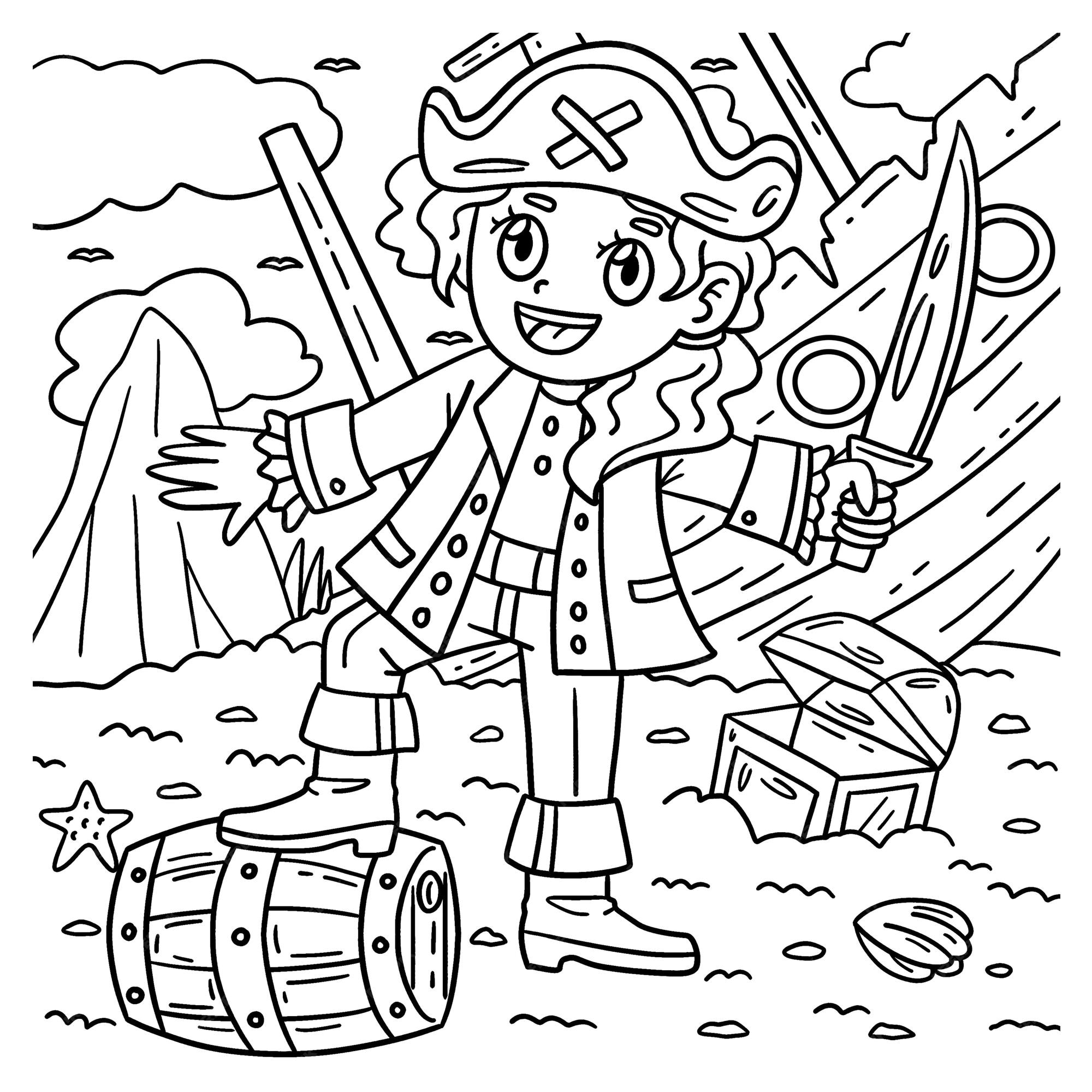 Premium vector a cute and funny coloring page of a female pirate with cutlass provides hours of coloring fun for children color this page is very easy suitable for little kids