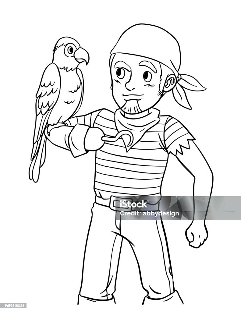 Pirate with macaw isolated coloring page for kids stock illustration