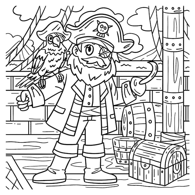 Premium vector a cute and funny coloring page of a pirate captain with a parrot provides hours of coloring fun for children color this page is very easy suitable for little