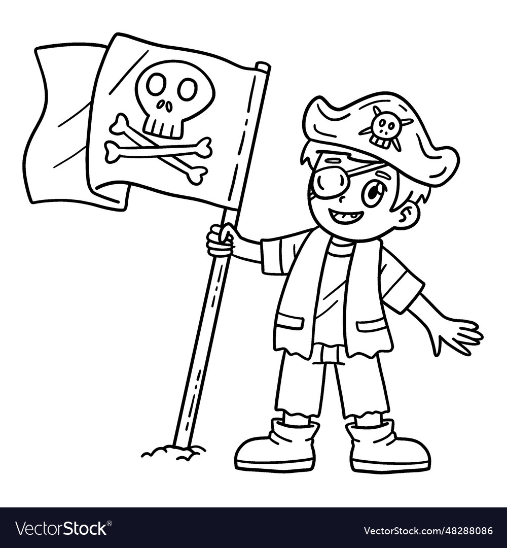 Pirate and skull flag isolated coloring page vector image