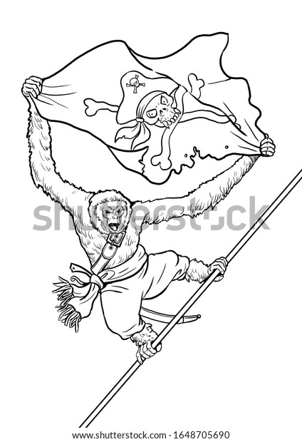 Gibbon pirate flag coloring page outline stock illustration