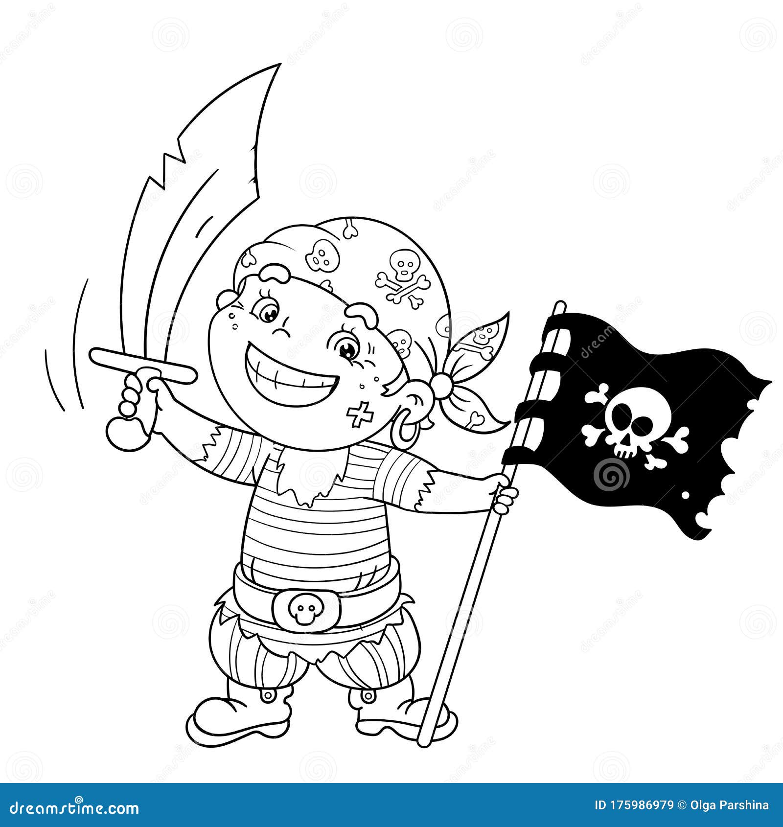 Coloring page outline of cartoon pirate with saber and black flag with skull coloring book for kids stock vector