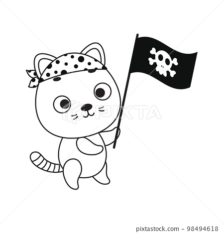 Coloring page cute little cat with pirate flag