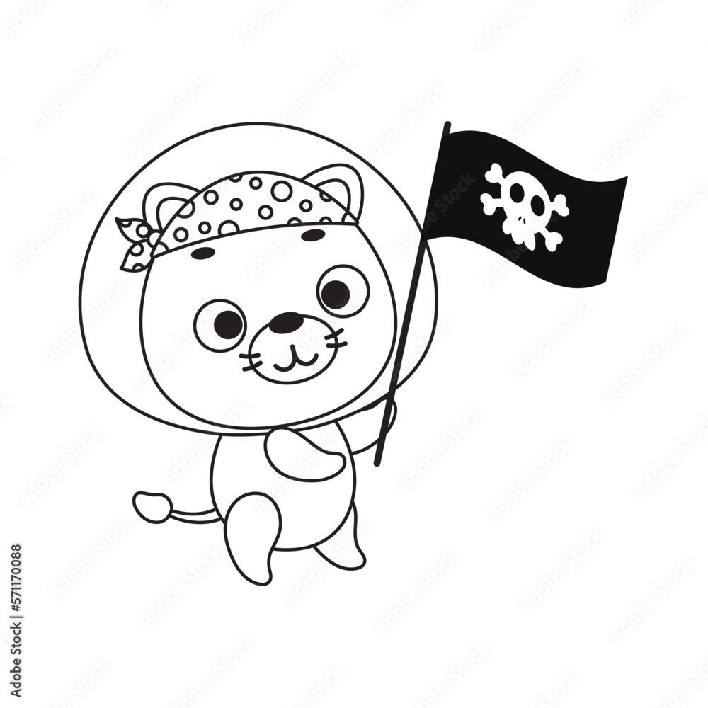 Coloring page cute little lion with pirate flag coloring book for kids edulionional activity for preschool years kids and toddlers with cute animal vector illustration vector