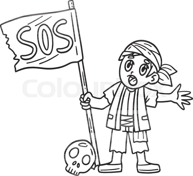 Pirate with sos flag isolated coloring page stock vector