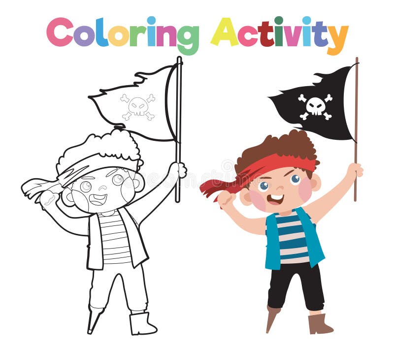 Coloring book for children a cute pirate boy waving a skull flag coloring activity for children stock vector