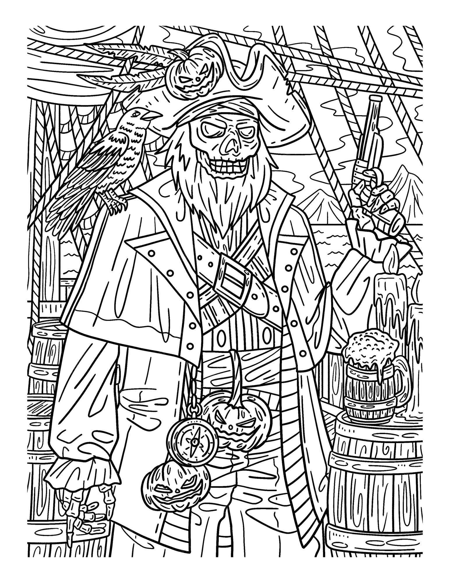 Premium vector halloween skeleton pirate coloring page for adults