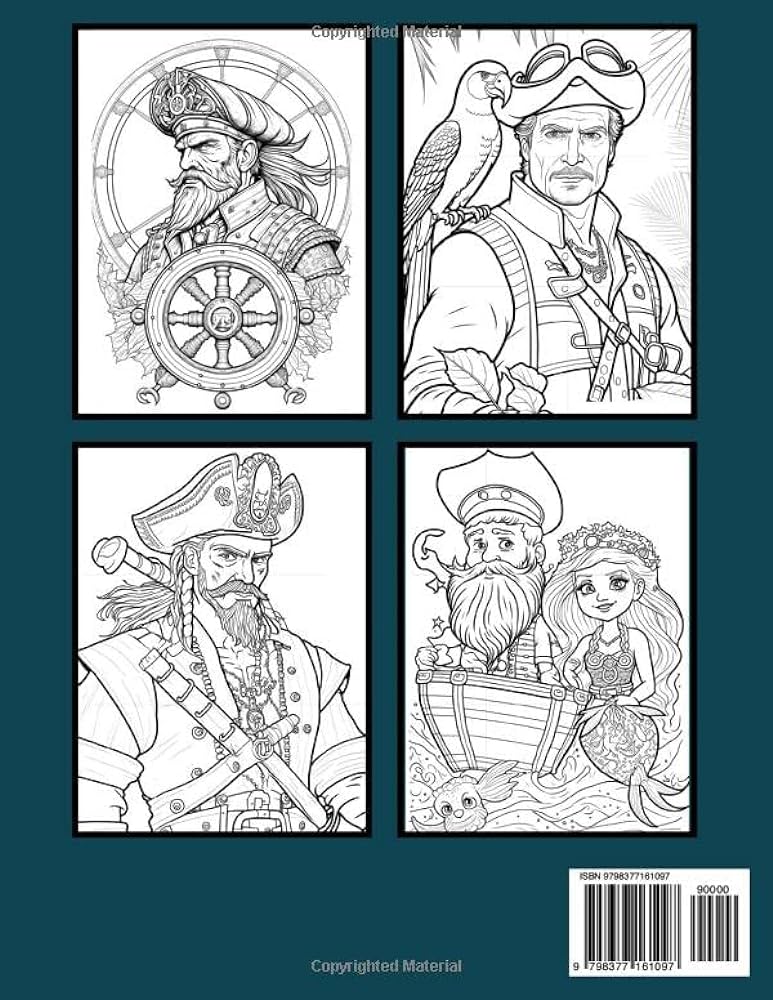 Pirates coloring book for adults skulls bones mermaid and more for adults relaxation art large creativity grown ups coloring relaxation stress boredom anti anxiety intricate ornate therapy print red lines