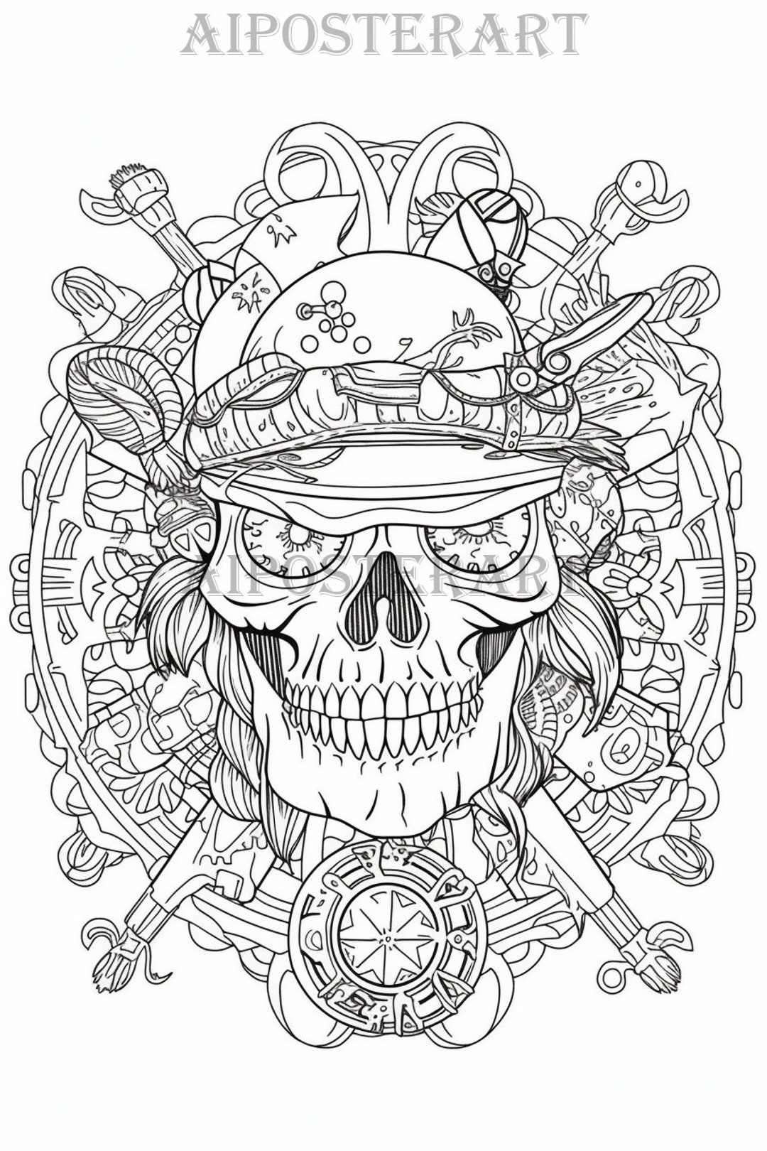 Detailed pirate motif coloring page for adults printable coloring sheet pirate skull coloring for adults x pixels