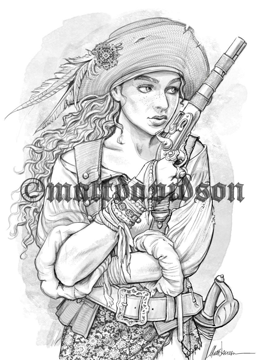 Pirate girl reychelle of tortuga adult coloring fantasy coloring printable digital download