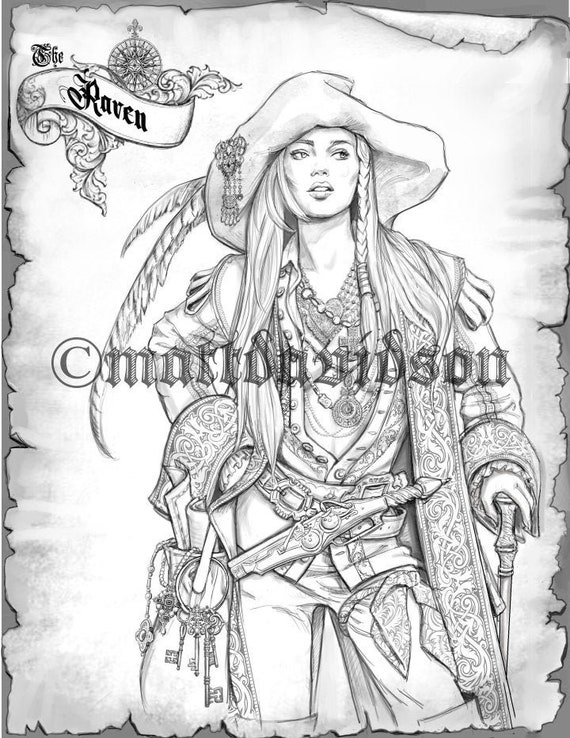 Pirate lady the raven adult coloring fantasy coloring printable digital download