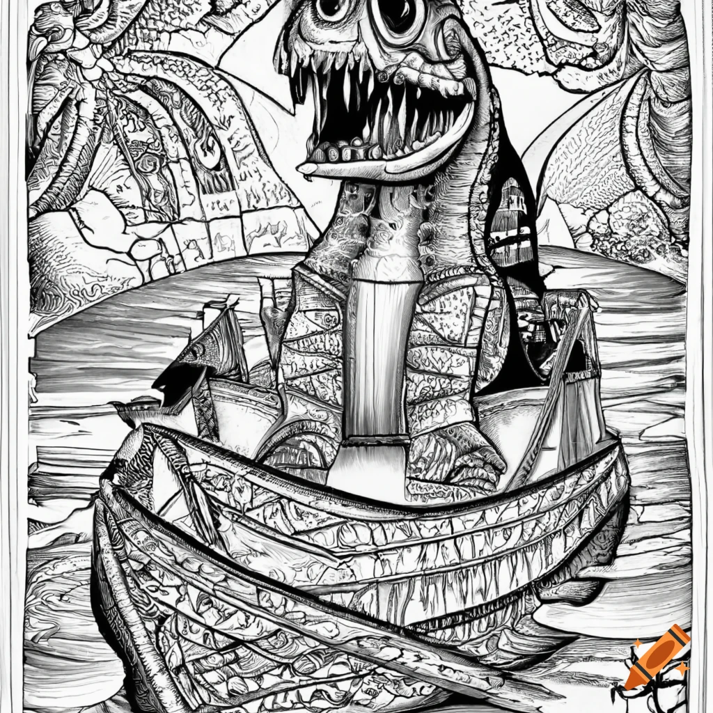 Adult coloring book style pirate dinosaur on boatblack and whitebold linesno shadingphychedelicfractal on