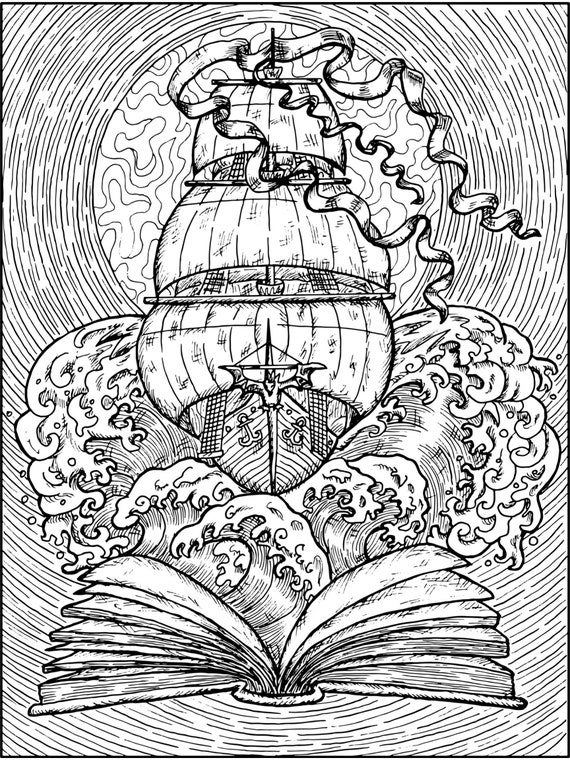 Pirate ship coloring book page adult coloring book page downloadable coloring page printable coloring page
