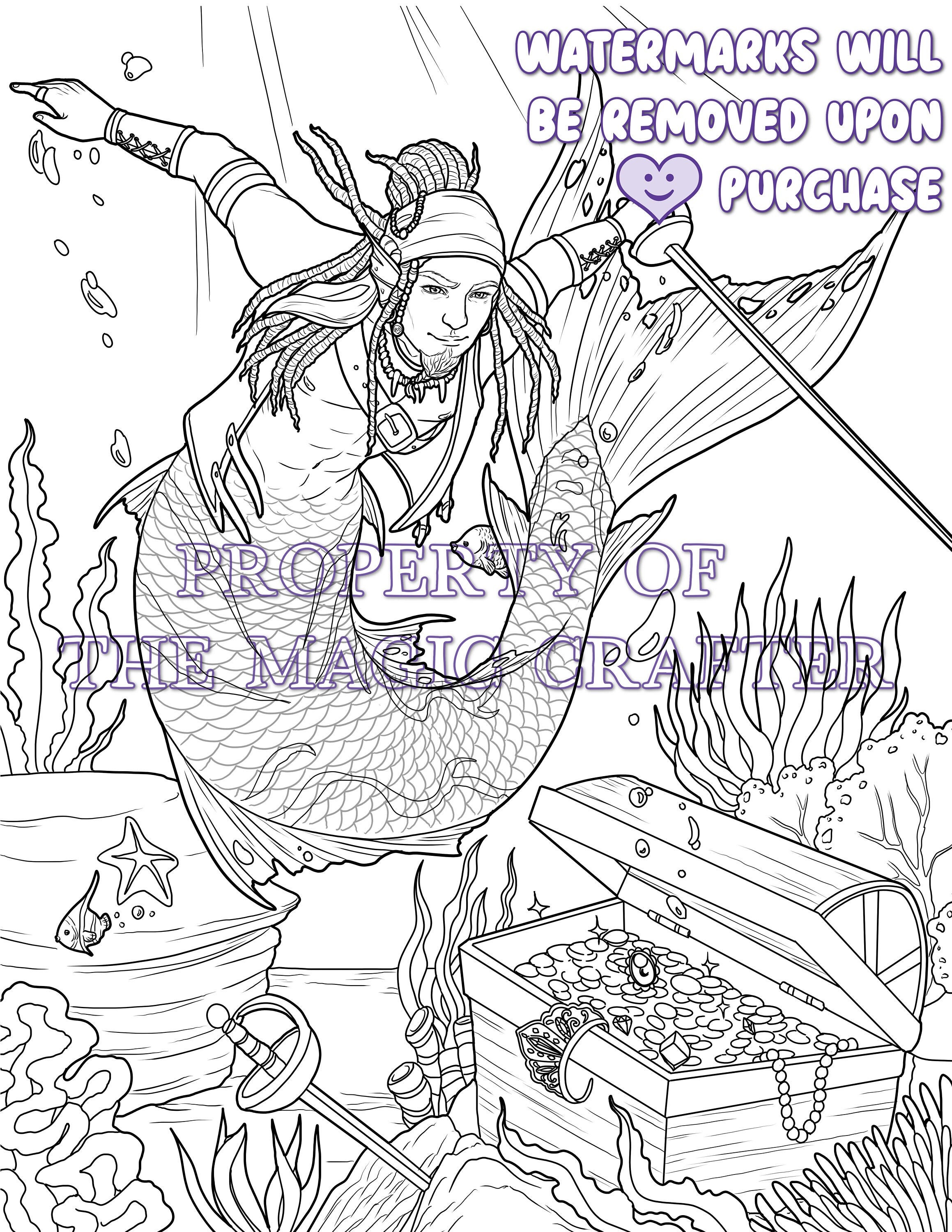 Merman pirate printable pirate merman coloring page for adults a hunky pirate merman with sunken treasure by the magic crafter