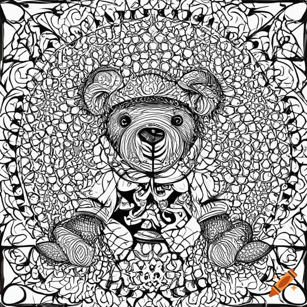 Black and white adult coloring book style psychedelic pirate teddy bearfractal eyes background on