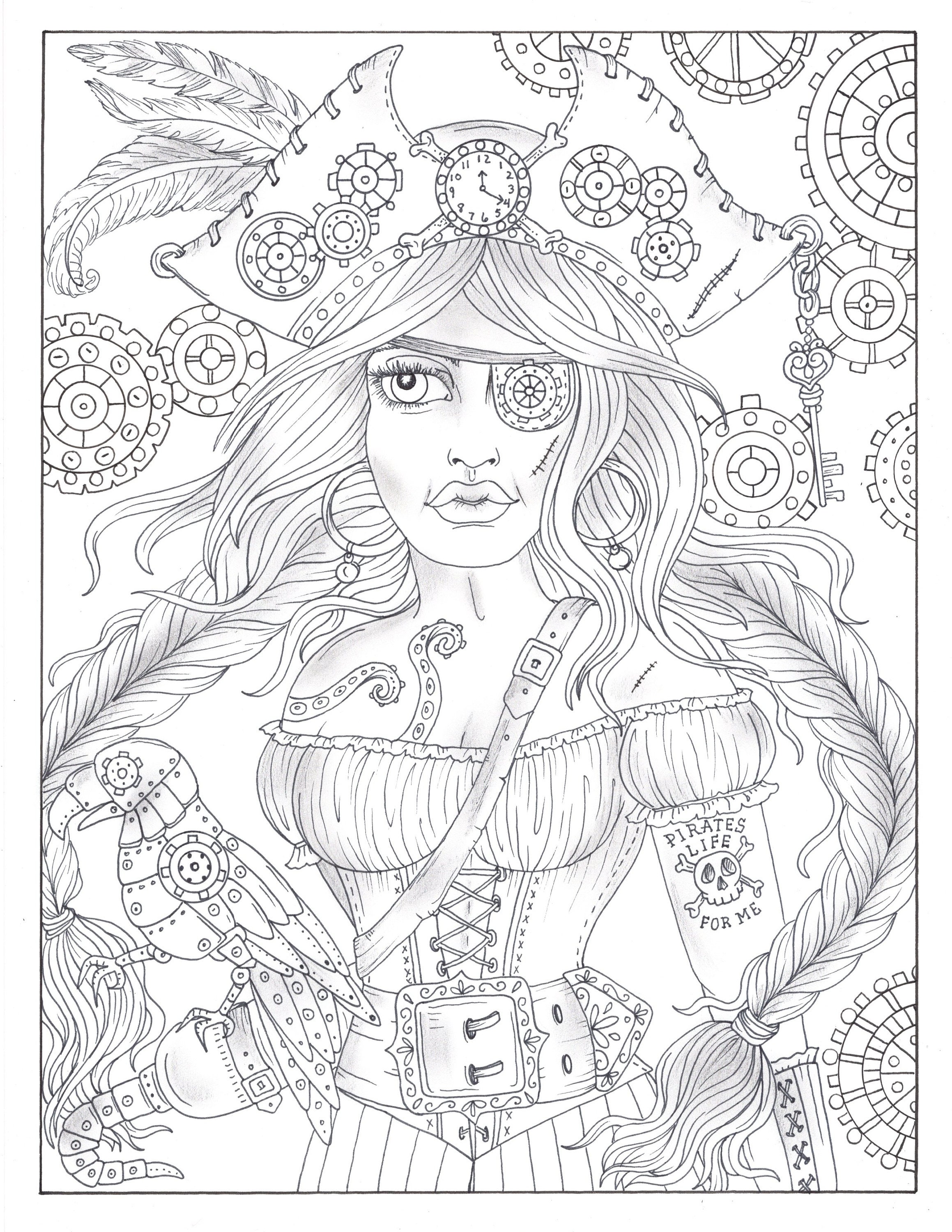 Steampunk pirate girl coloring page instant download adult coloring page colouring color digital digi