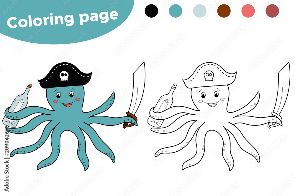 Educational game for children coloring page octopus with pirate hat map in the bottle and sword cartoon character vector illustration vector