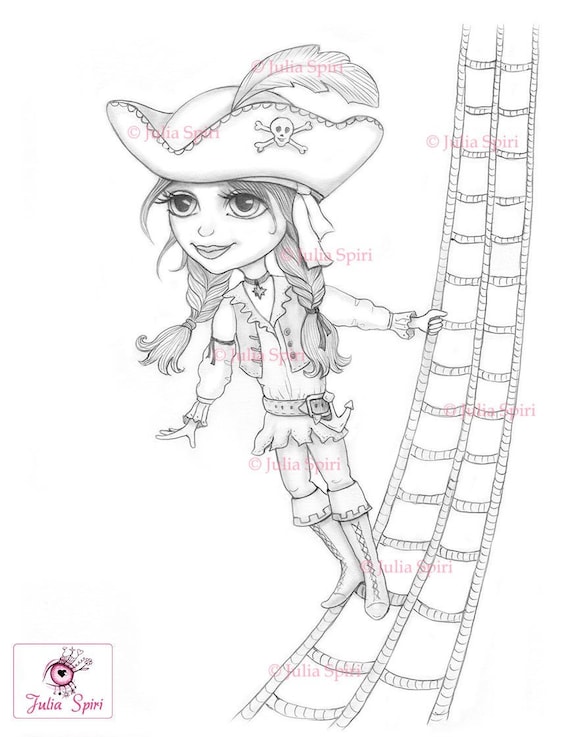 Pirate coloring page digital stamp digi girl cat pirates adventure fantasy crafting fairytale whimsy craft bertha
