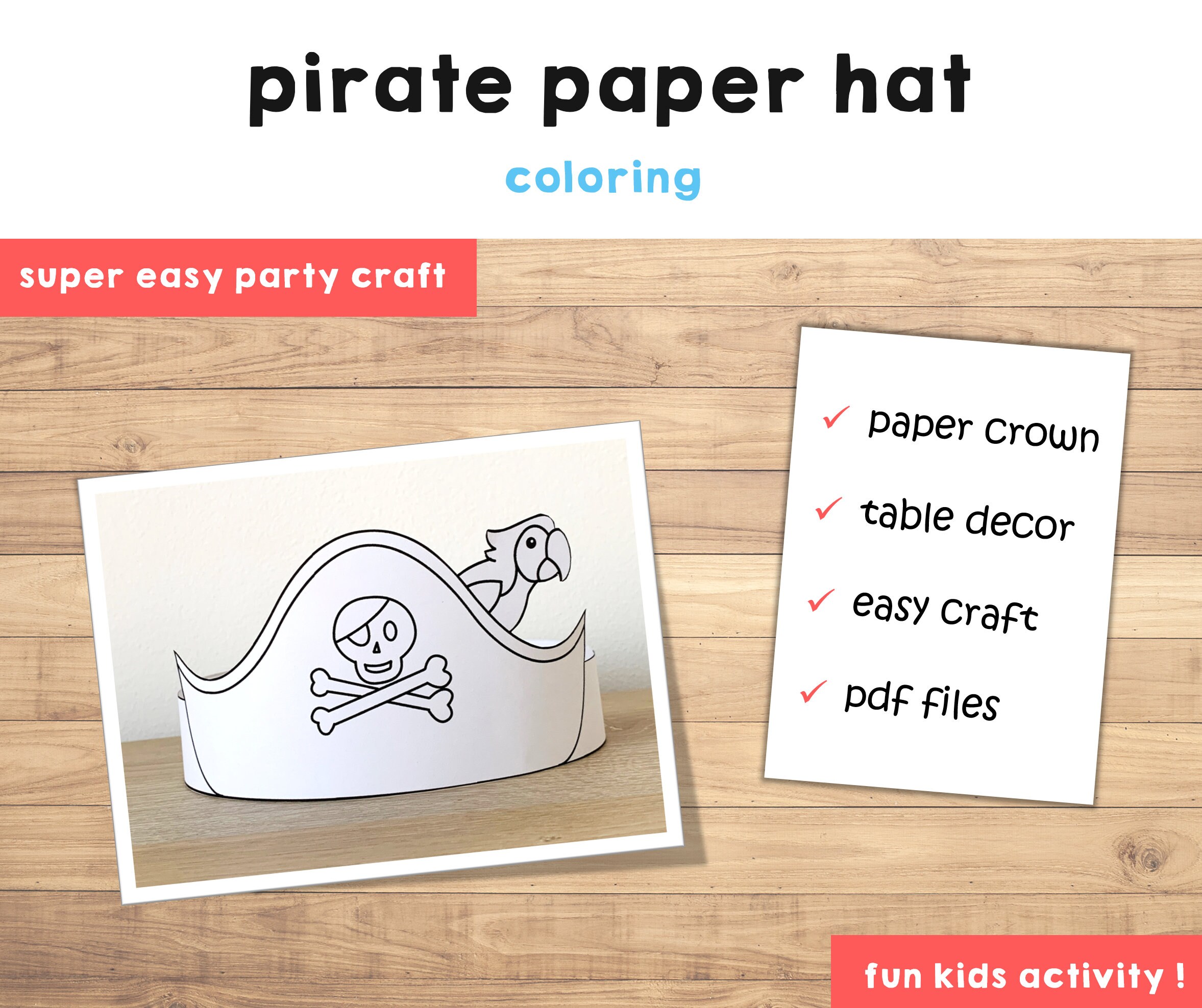 Pirate hat paper crown template pirate captain party headband coloring printable kids craft birthday favor pdf favor diy instant download