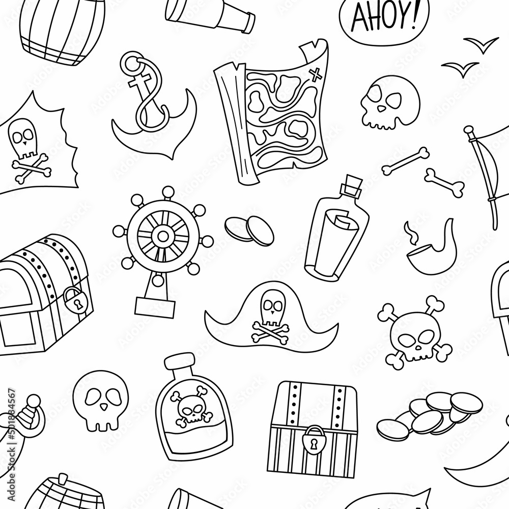 Vector black and white pirate seamless pattern cute sea adventures symbols repeat background line treasure island digital paper with chest pirate hat crossbones pirate party coloring page vector