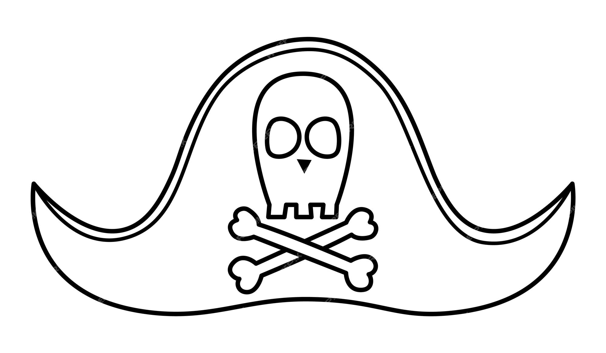 Premium vector black and white pirate hat icon line cocked accessory with skull and crossed bones outline marine treasure hunt headwear or coloring page isolated on white background