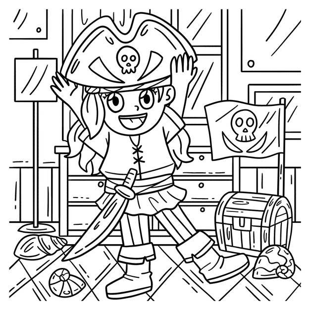 Premium vector a cute and funny coloring page of a girl putting on a pirate hat provides hours of coloring fun for children color this page is very easy suitable for