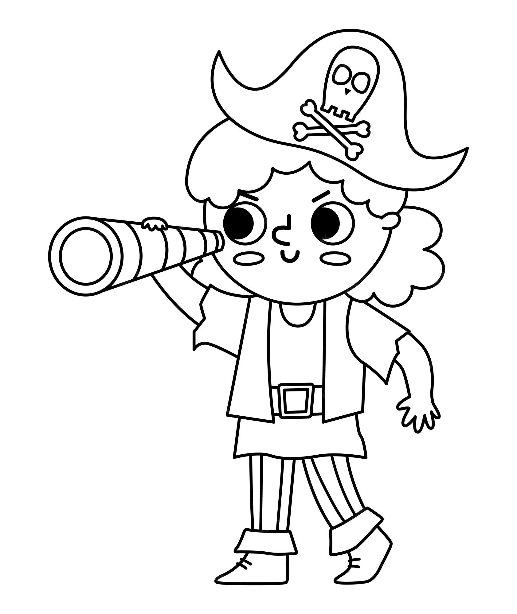 Premium vector vector black and white pirate girl icon cute female sea captain line illustration treasure island outline hunter with cocked hat and spyglass funny pirate party element or coloring page