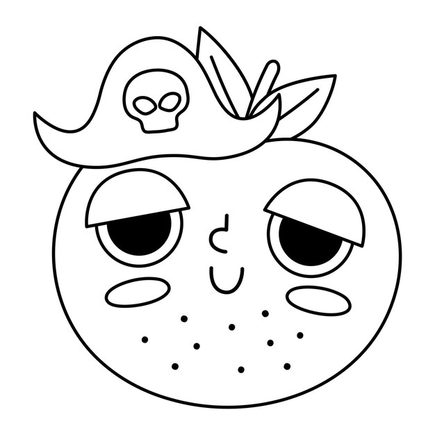 Premium vector vector black and white funny kawaii apple line icon or coloring page pirate fruit illustration ic plant fruit with eyes pirate hat and mouth isolated on white background