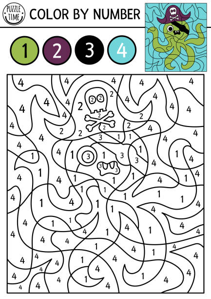 Vector pirate color by number activity with octopus in pirate hat and eye patch treasure island scene black and white counting game with cute animal sea adventures coloring page for kids stock