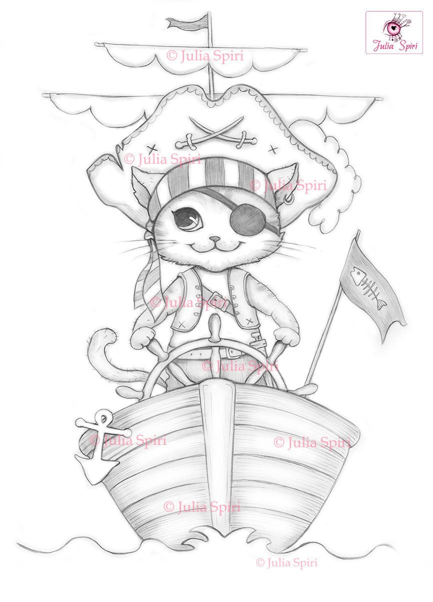 Coloring page pirate cat in ship captain cat â the art of julia spiri