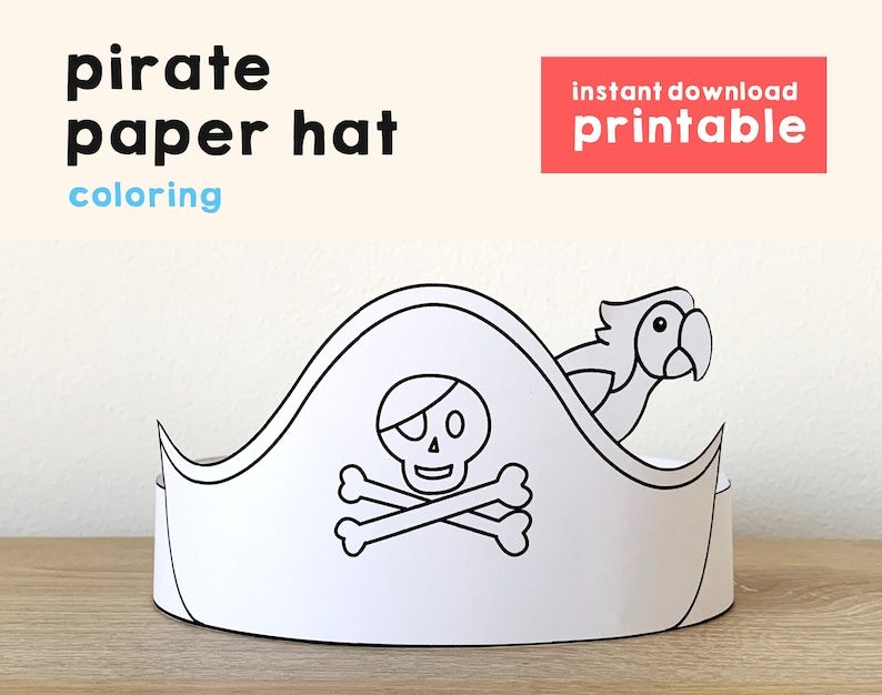 Pirate hat paper crown template pirate captain party headband coloring printable kids craft birthday favor pdf favor diy instant download