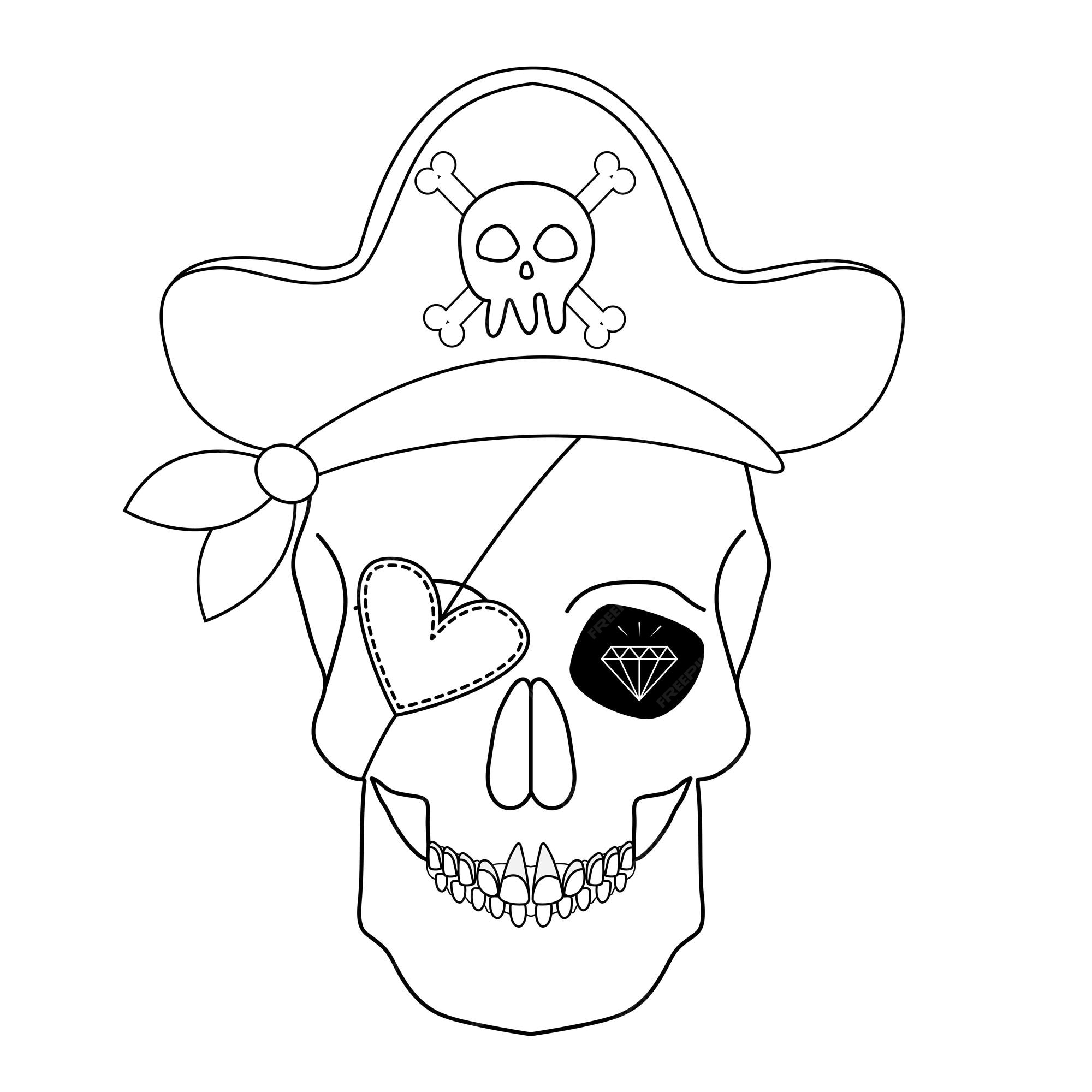 Premium vector figure skull pirate in a hat and with an eye patch sketch for a tattoo coloring page vector illustration isolated on white background