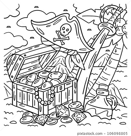 Pirate treasure hat and cutlass coloring page