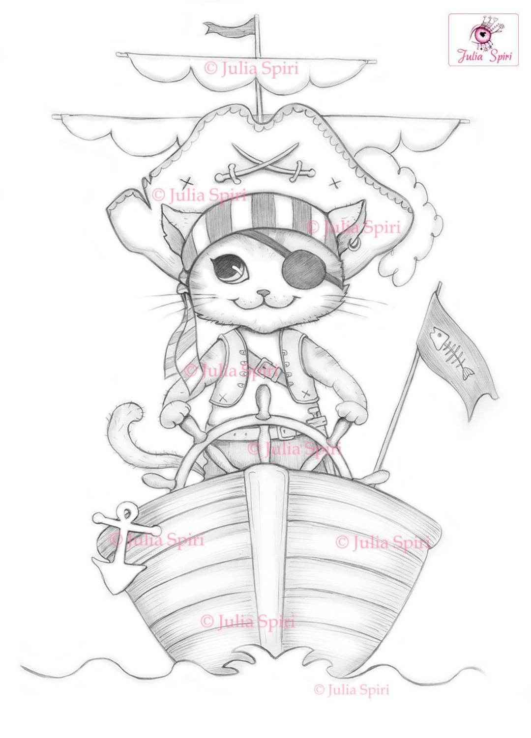 Pirate coloring page digital stamp digi girl cats pirates adventure sea rover ship crafting fairytale whimsy craft captain cat instant download