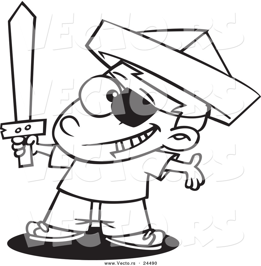 R of a cartoon pirate boy with a newspaper hat and sword