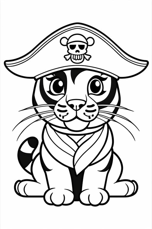 Coloring page outline of the cartoon pirate on the treasure island pirate ship or sailing ship with black sails with skull in the sea coloring book for children