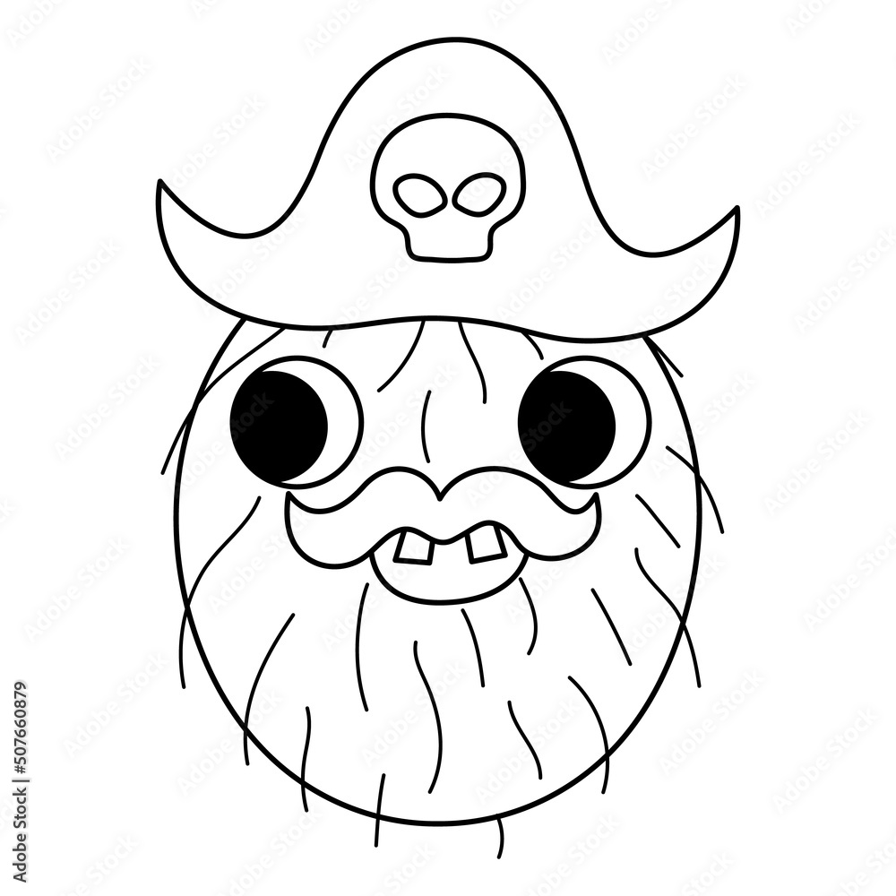 Vector black and white funny kawaii coconut line icon or coloring page pirate fruit illustration ic plant with eyes pirate hat and mouth isolated on white background vector