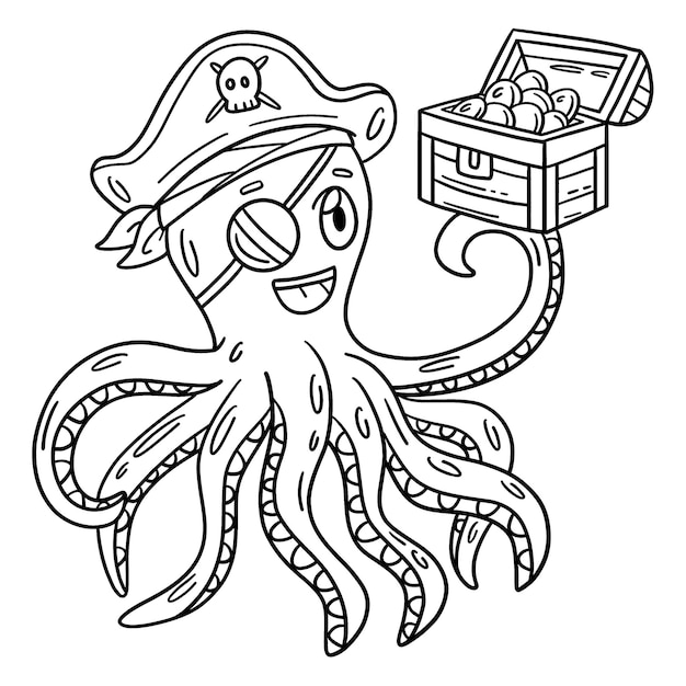 Premium vector a cute and funny coloring page of a pirate octopus holding chest provides hours of coloring fun for children color this page is very easy suitable for little kids