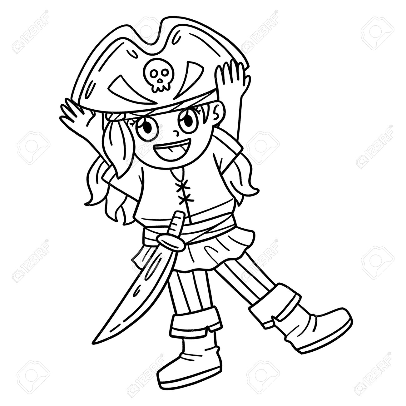 Girl putting on pirate hat isolated coloring page royalty free svg cliparts vectors and stock illustration image