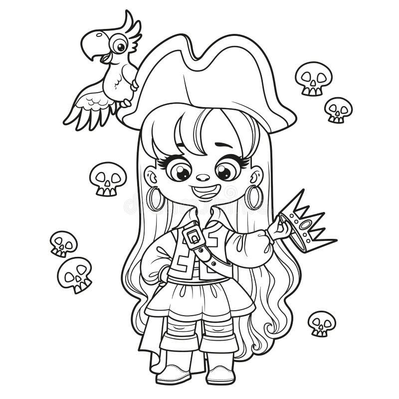 Cute cartoon long haired pirate girl with gold crown in hand and parrot on hat outlined for coloring page on white stock illustration